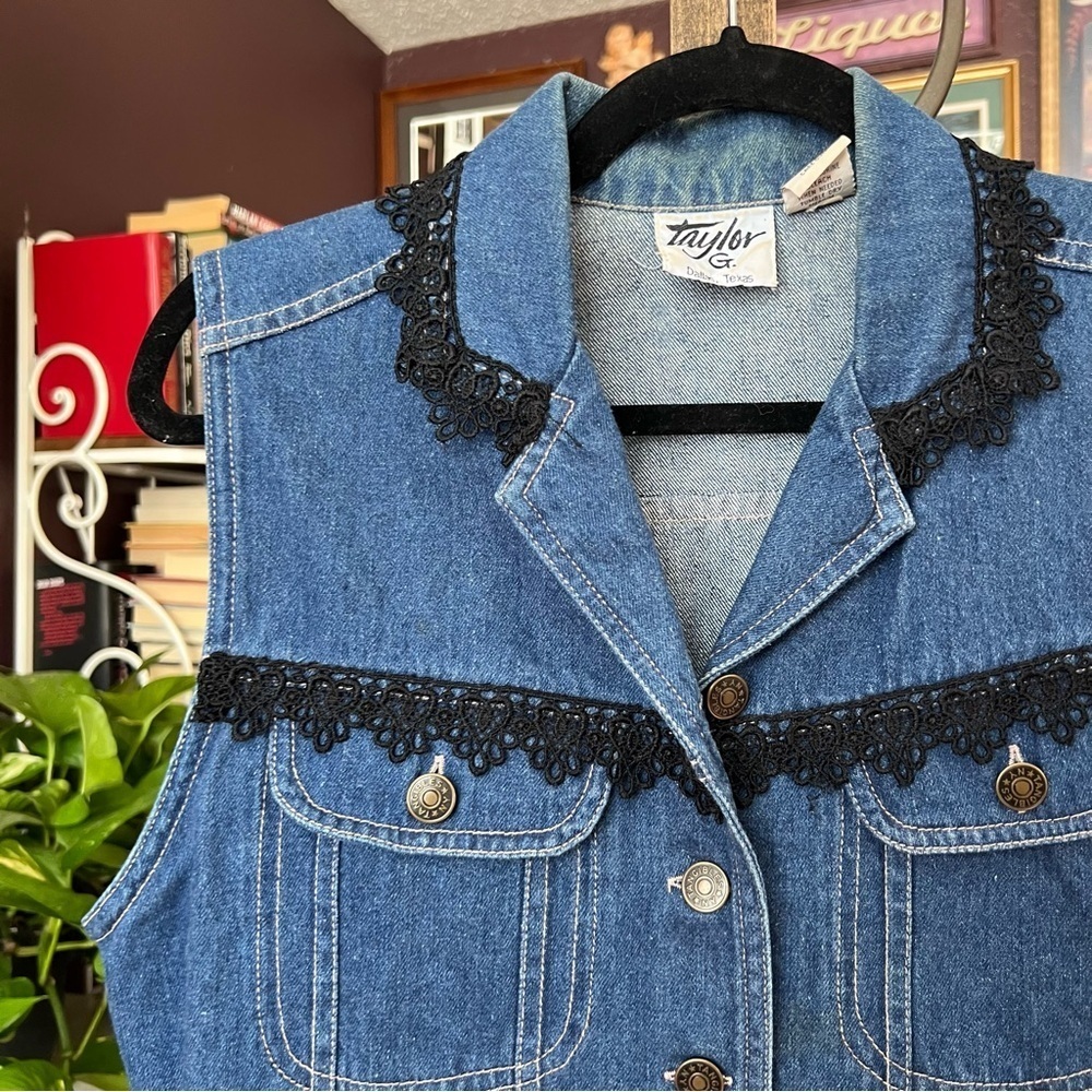 Vintage Denim Vest Lace Fringe Large - Picture 2 of 6
